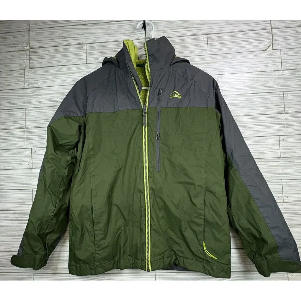 L.L. Bean‎ Boys Windbreaker Jacket Gray Green Fleece Insert Youth Size Lg 14-16